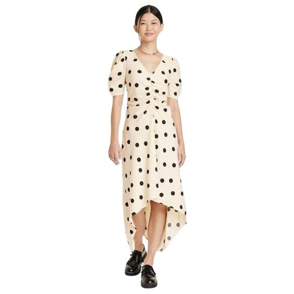 NEW A New Day Short Sleeve Midi Dress Cream Black Polka Dot Small - Picture 2 of 5